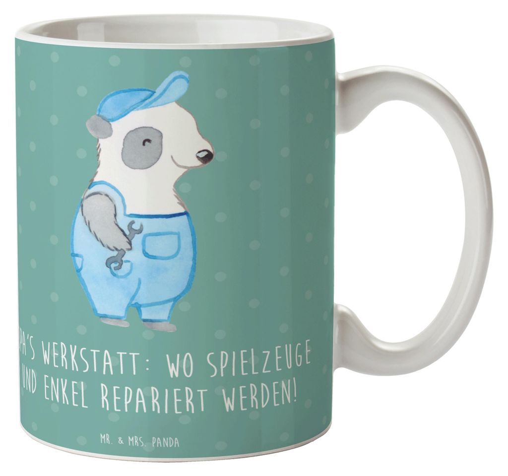 Mr. & Mrs. Panda Kaffeetasse Großeltern Werkstatt - Meeresbrise - Geschenk, herzerwärmende Sprüche, Generationen, Reparatur, Enkelkinder, Tasse,...
