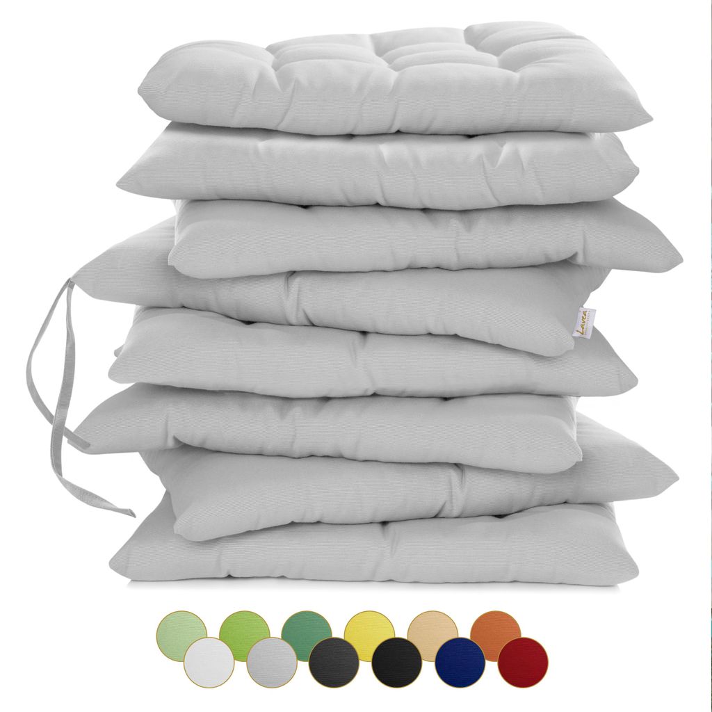 Lavea Sitzkissen 40x40 cm, 8er Set, Silber - mit Stoffbändern, Outdoor & Indoor, waschbare Stuhlkissen für Garten, Balkon, Terrasse & Esszimmer