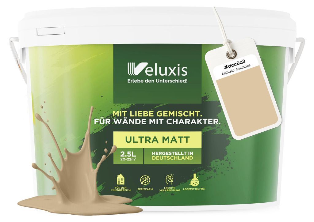 Wandfarbe Beige Gold Grau Matt Innenfarbe – Deckkraft Klasse 1, VOC-frei, Ohne Grundierung, Tropfarm – Wohnzimmer & Schlafzimmer – 2,5L – V...