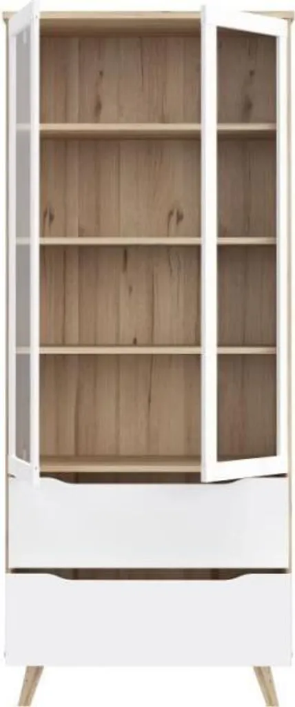 Vitrine Haute VANKKA Design Bicolore Blanc et Chêne 2 Portes Verre