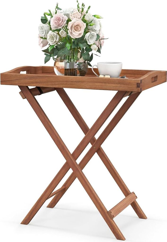 KOMFOTTEU Beistelltisch mit abnehmbarer Platte, klappbarer Couchtisch, Servierplatte mit Halterung, X-förmige Struktur, (Akazienholz, 68 x 44 x 74...