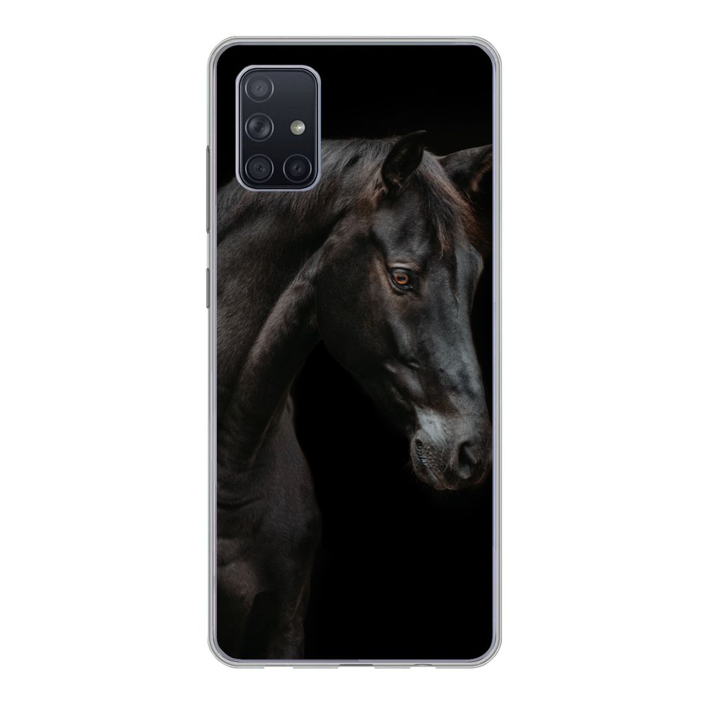 MuchoWow Handyhülle Schutzhülle Hülle für Samsung Galaxy A71 Pferd - Tier - Schwarz Silikon Softcase Handy Hülle - Kartenbesitzer