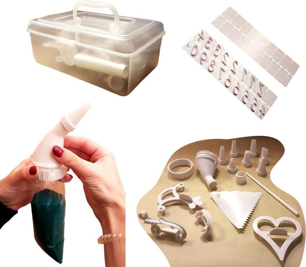 100 Teiliges Kuchendekorations Set | mit 15x Spritzbeutel / Spritztüllen | diverse Kuchen Buchstaben Zahlen Ausstecherformen | Glätter | Modellie...