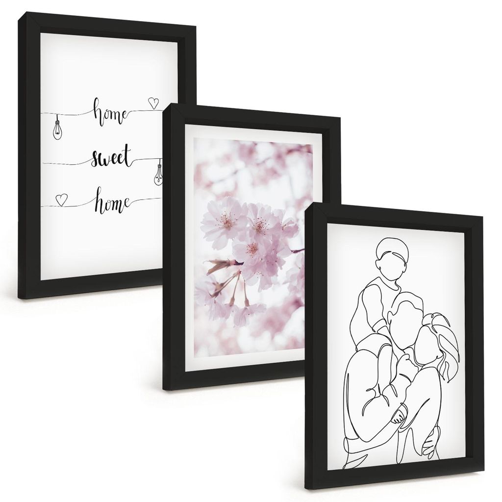 Bilder Set 3-teilig im schwarzen Rahmen – Wandbilder 3 Stück – gerahmte Poster für Wohnzimmer, Schlafzimmer und Flur – 20x30 cm – Blumenf...