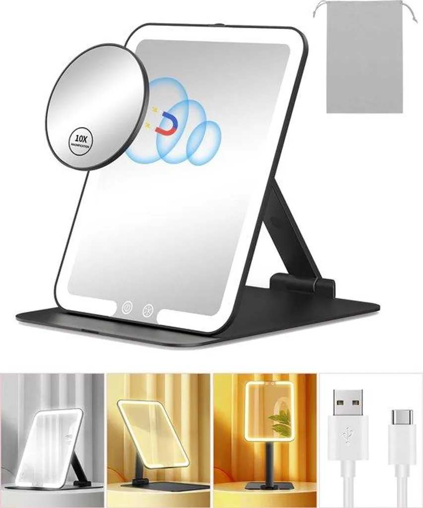 Miroir de maquillage de voyage noir LED avec grossissement x10 compact