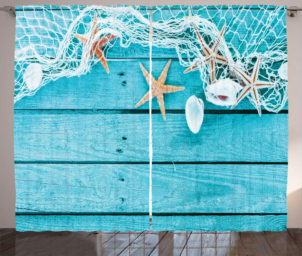Grand rideau de salon bord de mer motif nautique aqua 280 x 225 cm
