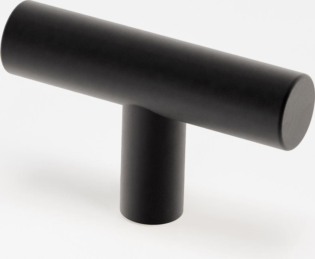 A black T-shaped cabinet handle shown against a white background.