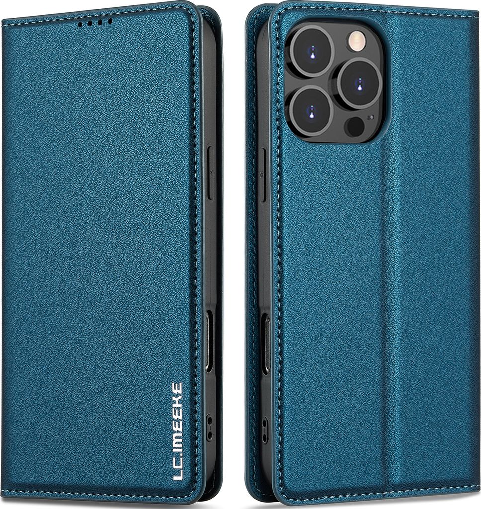 Handyhülle für iPhone 16 Pro Max, Magnetische Flip Leder Hülle mit Kartenfach und Standfunktion Blau