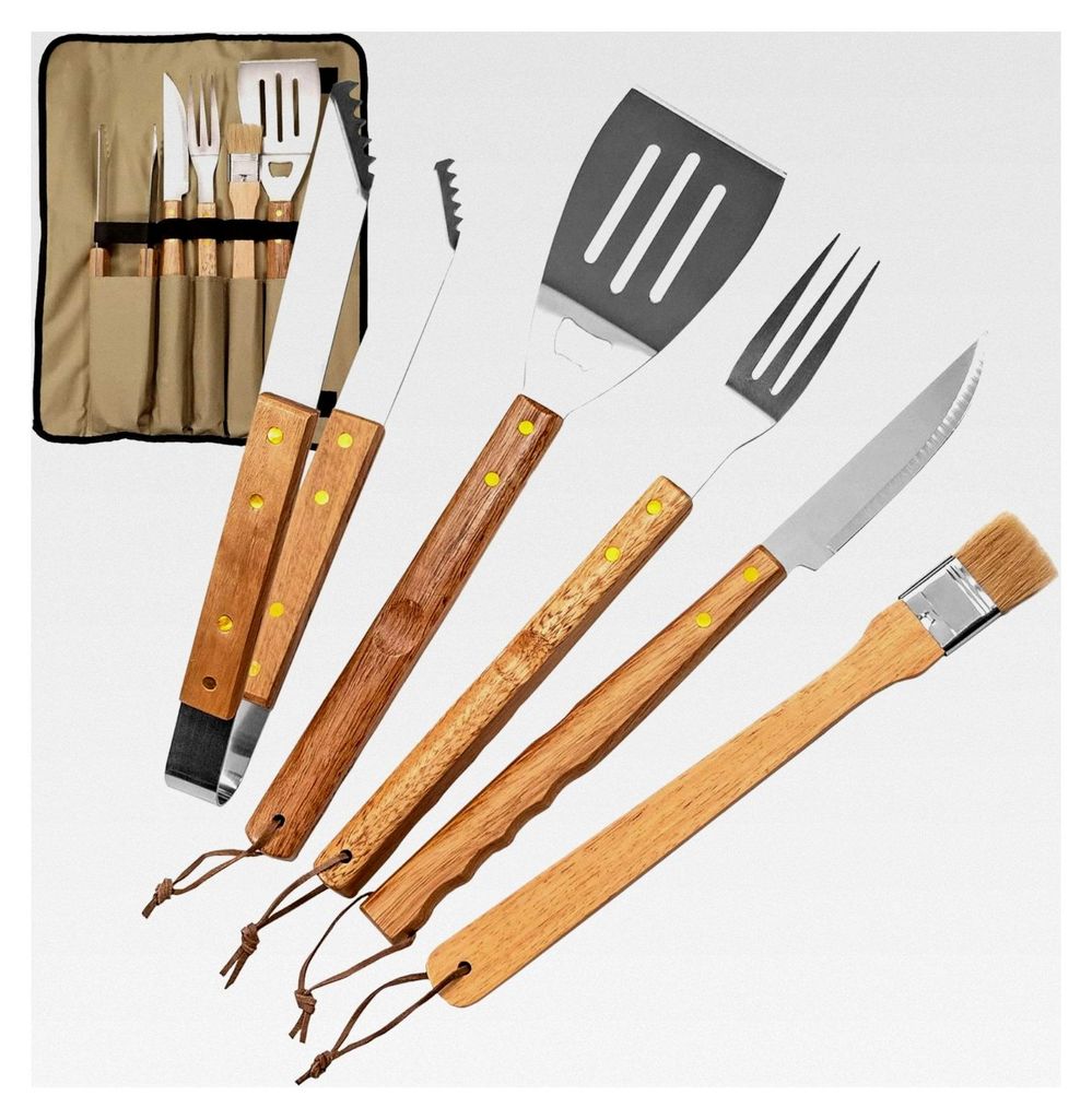 Grillbesteck Set (5-teilig): Set mit Grillzange, Fleischgabel, Grillmesser, Pinsel und Wender, Grillzubehör mit Tasche, Grillutensilien für Männ...