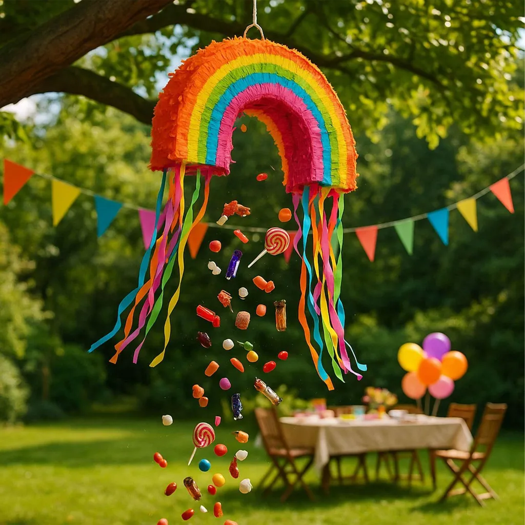 Jeu de Piñata Arc-en-ciel Robuste avec Masque et Bâton pour Fêtes Sans Stress