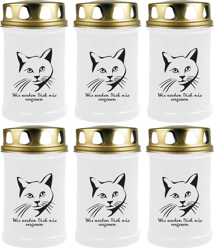 Grabkerze Weiß 6er Pack, Brenndauer: 48 Stunden ( je Kerze ), Motiv: Katze 3