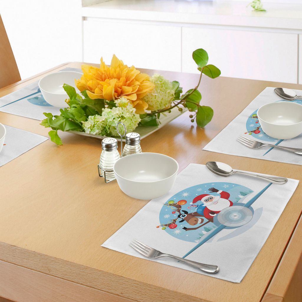 ABAKUHAUS Weihnachten Platzmatten, Ren und Sankt, die Geschenke auf Einer Weinlese-flachen Winter Noel Illustration liefern, Tiscjdeco aus Farbfest...