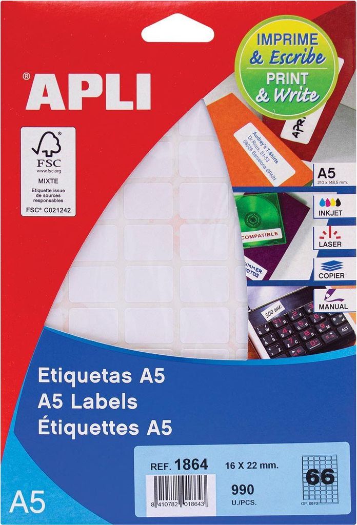 Apli – weiße Etiketten Print Write ft 16 x 22 mm (B x H), 990 Stück, 66 pro Blatt (1864)