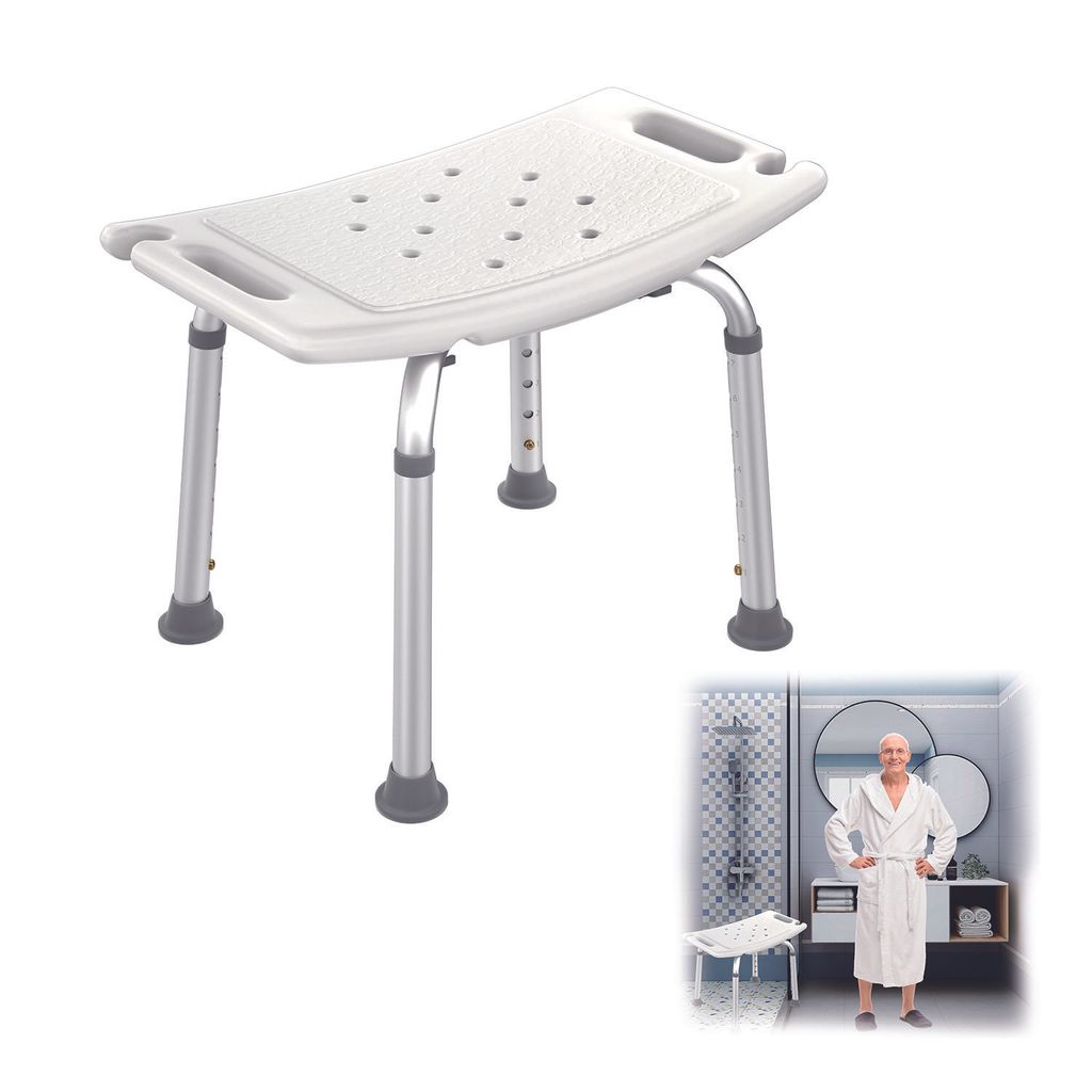A shower stool is shown in the foreground, with a man in a bathrobe standing in a bathroom in the background.