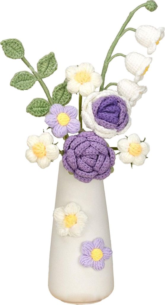 Simulation Wolle Blume Handmade Stricken Künstliche Blume Häkeln Gestrickte Blume mit Keramik-Vase Tischblume Geschenk