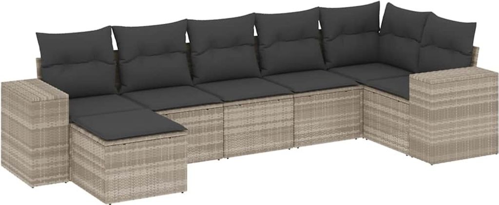 vidaXL 7-tlg. Garten-Sofagarnitur mit Kissen Hellgrau Poly Rattan