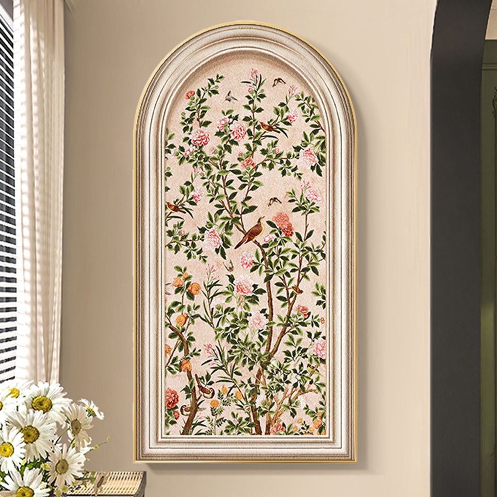Dekobild Vintage Blumen-Vogel-Gemälde Wandbild Kristall-Porzellan-Bild Bogenförmiges Wandbild zum aufhängen 140*70cm 【ZSHHN6378】