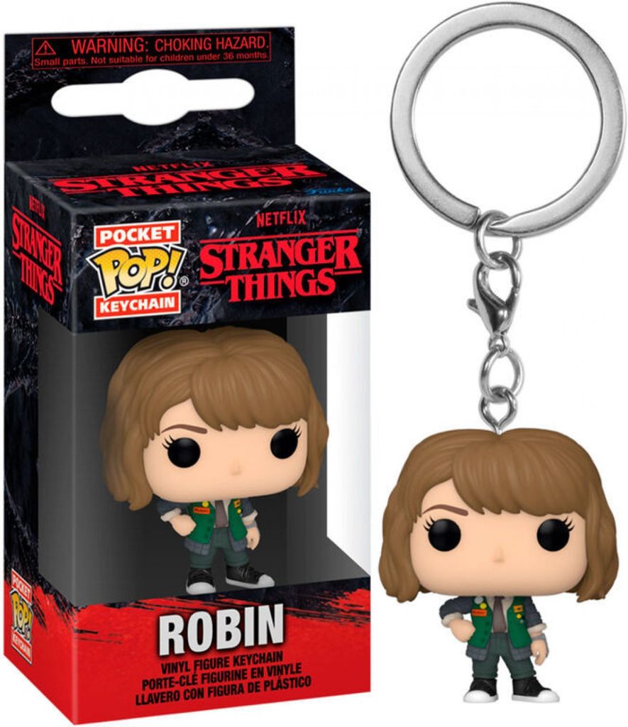 A Funko Pop! Keychain of Robin from Stranger Things, displayed in its packaging and also outside of it.