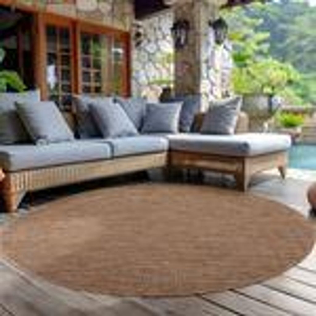 Outdoor Teppich Einfarbig Wetterfest Terasse Balkon Garten Küchenteppich Flachgewebe Sisal Optik, Größe: 200 cm Rund, Farbe: Braun