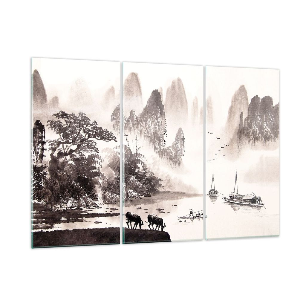 Bilder auf glas - 3 Teile - Chinesisch Landschaft Aquarell - 165x110cm - Glasbilder - Wandbilder - Bilder - Wanddekoration aus Glas - Glas Bilder -...