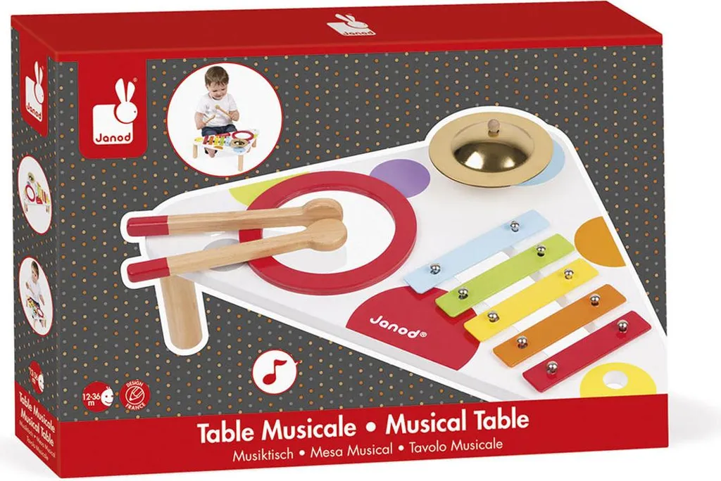 Janod Table à Musique Multicolore Confetti - Support Bois 4 Instruments
