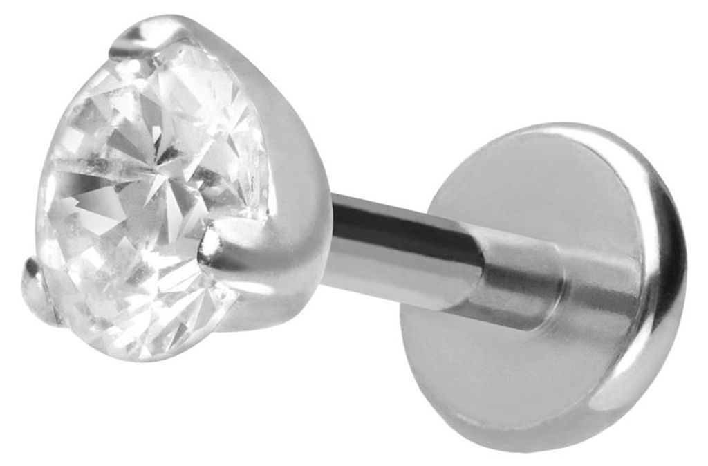 Ohrpiercing, Nasenpiercing Titan Labret mit Push Fit EINGEFASSTER KRISTALL Silber Stablänge: 6mm | Stabstärke: 1mm | Kristallgröße: 4mm