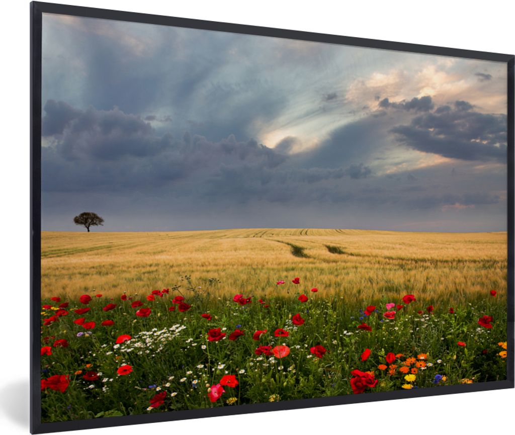 MuchoWow Gerahmtes Poster Blumen - Weizen - Wolken 30x20 cm - Poster mit Schwarzem Bilderrahmen Wandposter Rahmen Foto Bilder - Kunstdruck - Bild...