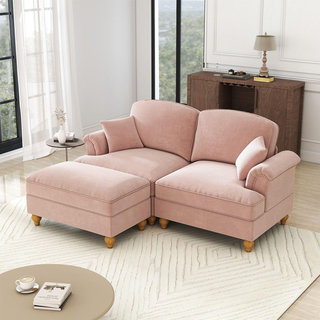 Sofa Modulares 2-Sitzer Chenille Sofa mit Schlaffunktion – Sofas Wohnzimmer Mid-Century Sofa mit Hocker, flexibel kombinierbar, bequem & elegant