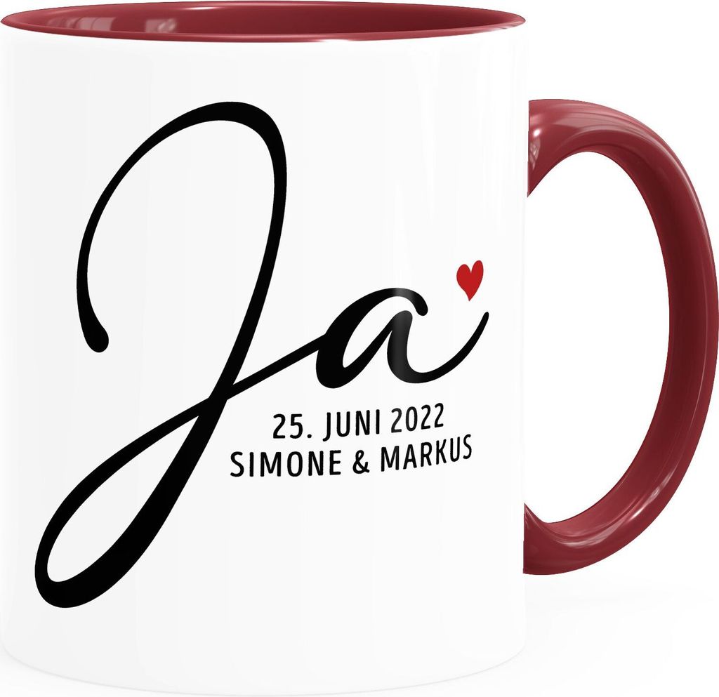 personalisierte Kaffee-Tasse Geschenk Hochzeit Hochzeitstag Namen und Datum Herz Hochzeitsgeschenk SpecialMe weiss-innen-bordeauxrot standard