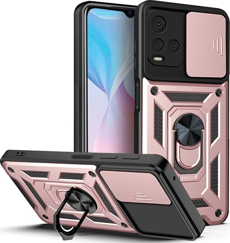 Mobigear Armor Ring Cam Slide Vivo Y21s Hülle Hardcase Backcover Stoßfest mit Ringhalter und Kamera Slider - Roségold