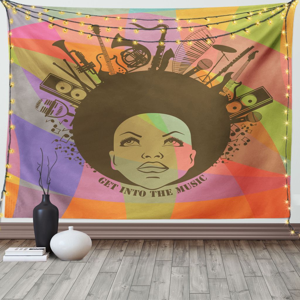 ABAKUHAUS Musik Wandteppich, Afroamerikanische Frau, Wohnzimmer Schlafzimmer Heim Seidiges Satin Wandteppich, 200 x 150 cm, Mehrfarbig