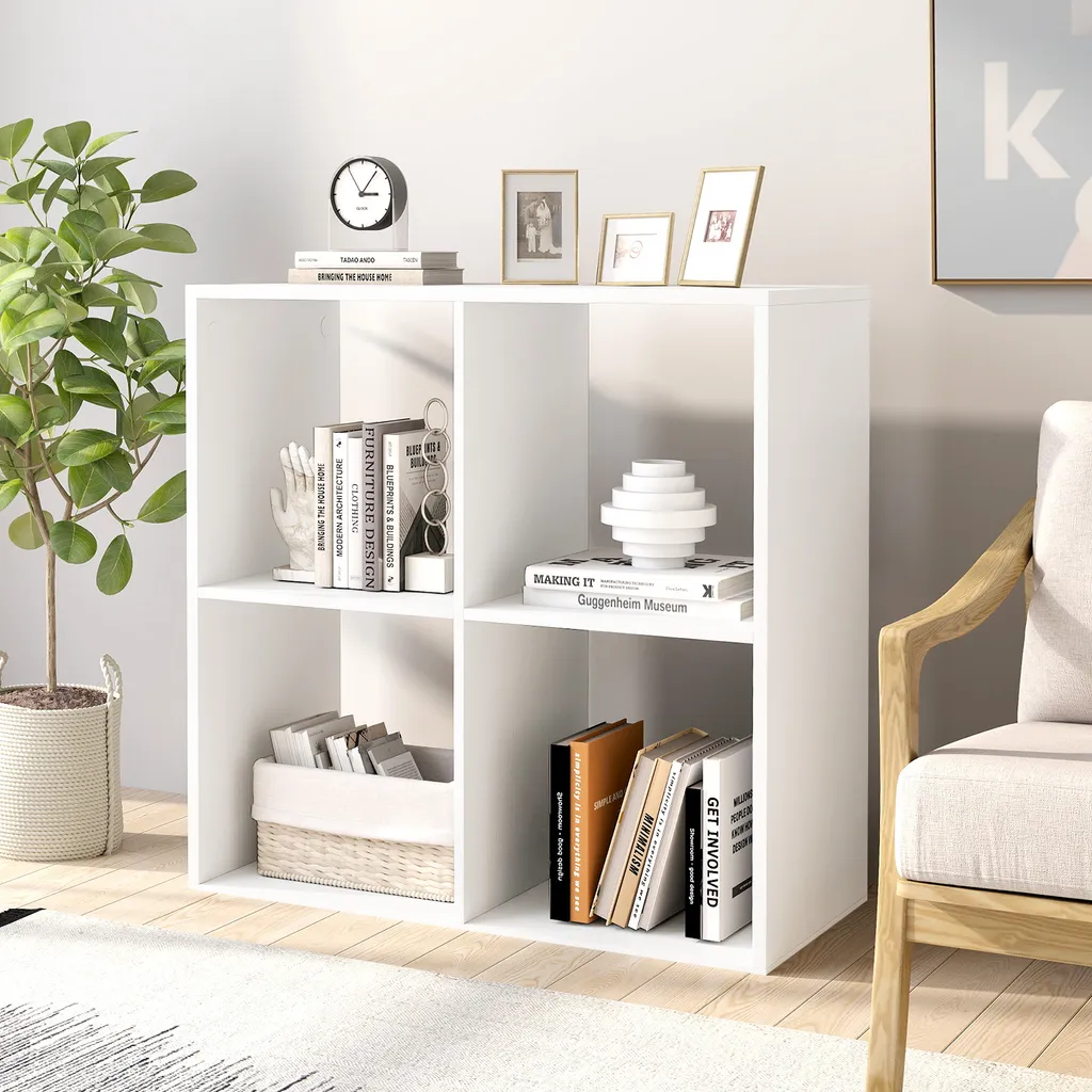 Bibliothèque blanche moderne 4 cases étagère sur pied stable et robuste