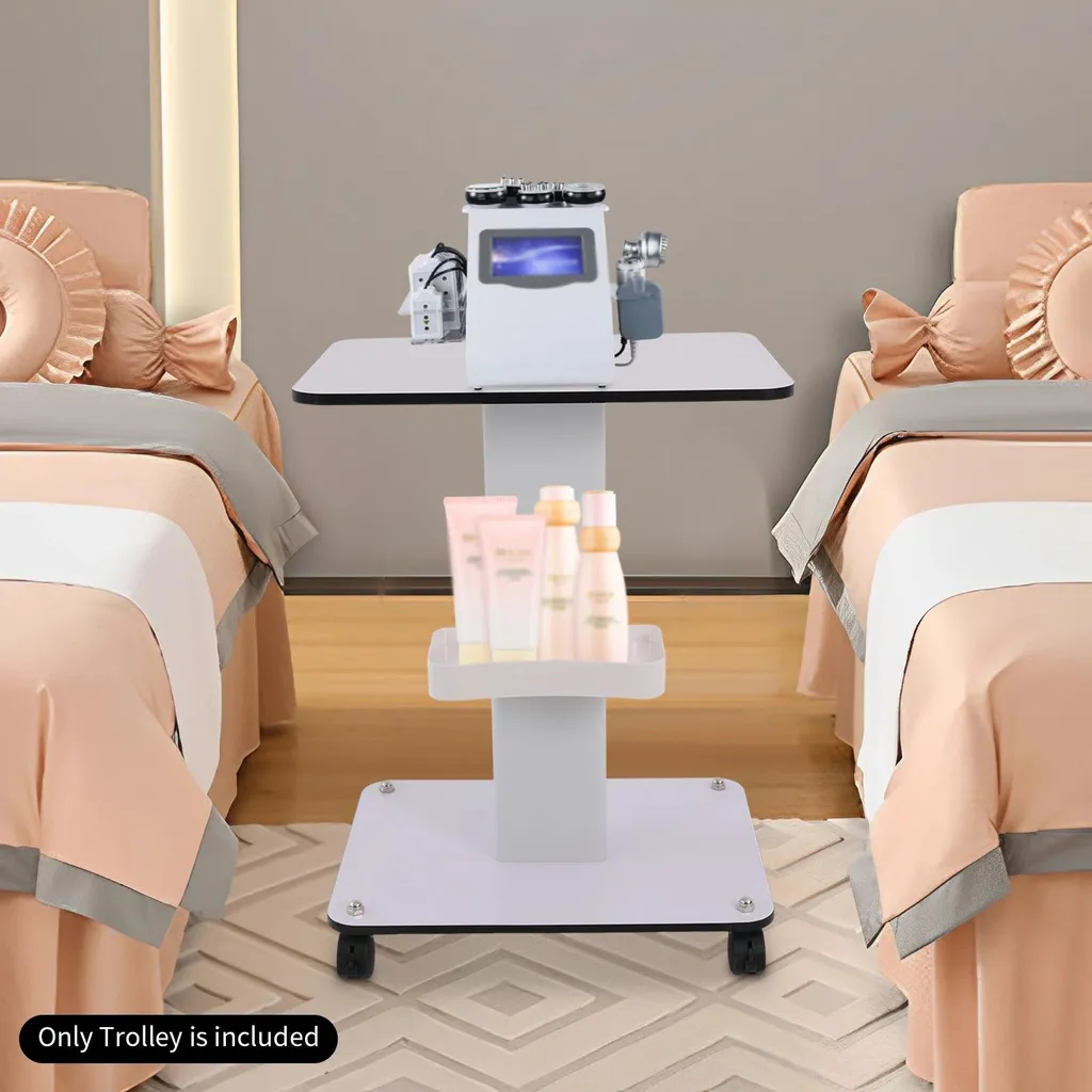 Table de service robuste 40 kg pour coiffeur, métal et bois blanc