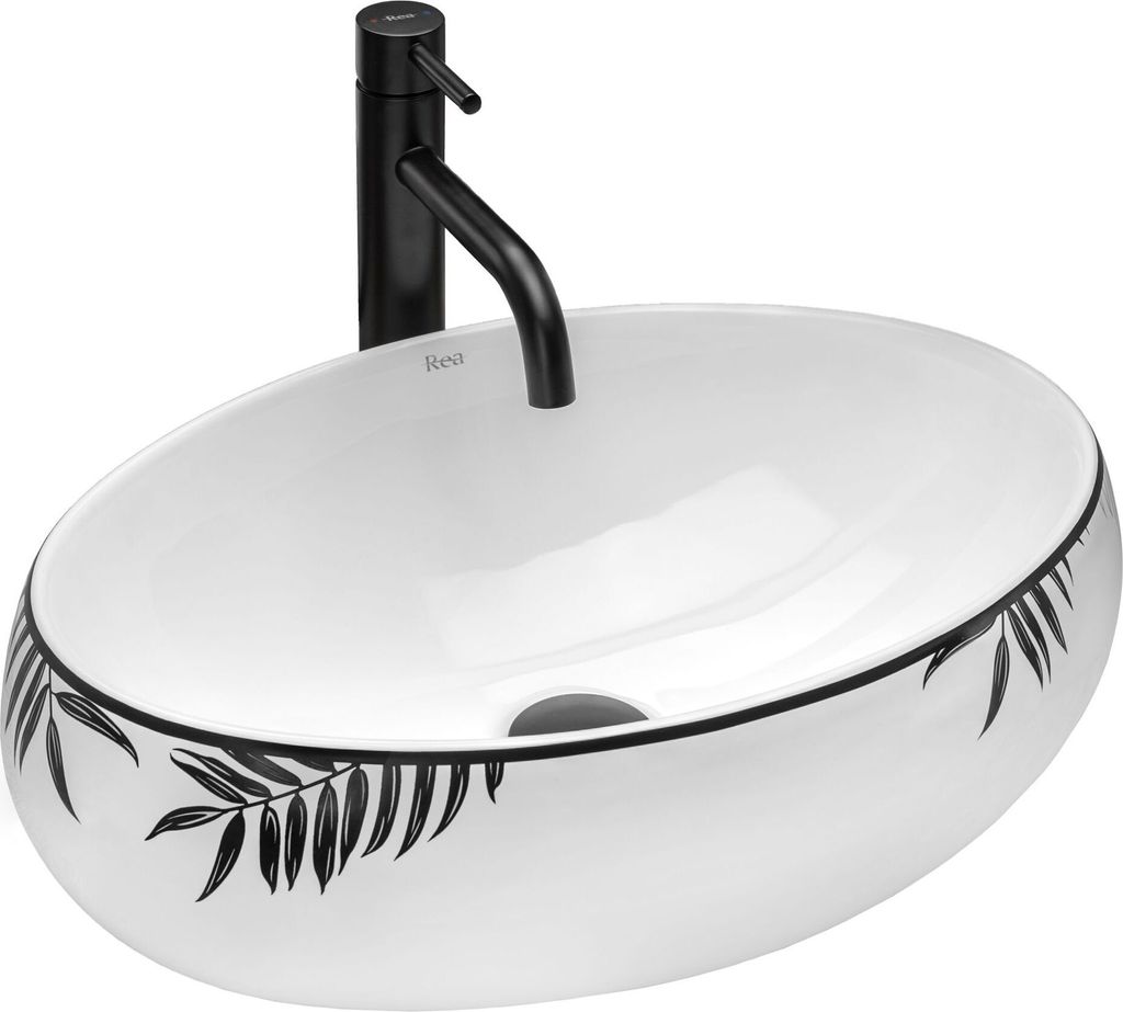 A white oval basin with a black leaf pattern around the rim, and a black faucet. The basin has a drain hole in the center.