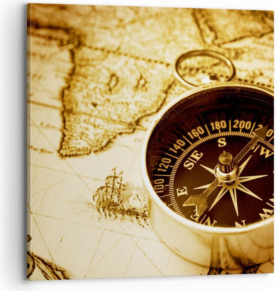 Bild auf Leinwand - Leinwandbild - Kompass alt reisen Reise - 70x70cm - Wand Bild - Wanddeko - Leinwanddruck - Bilder - Kunstdruck - Wanddekoration...