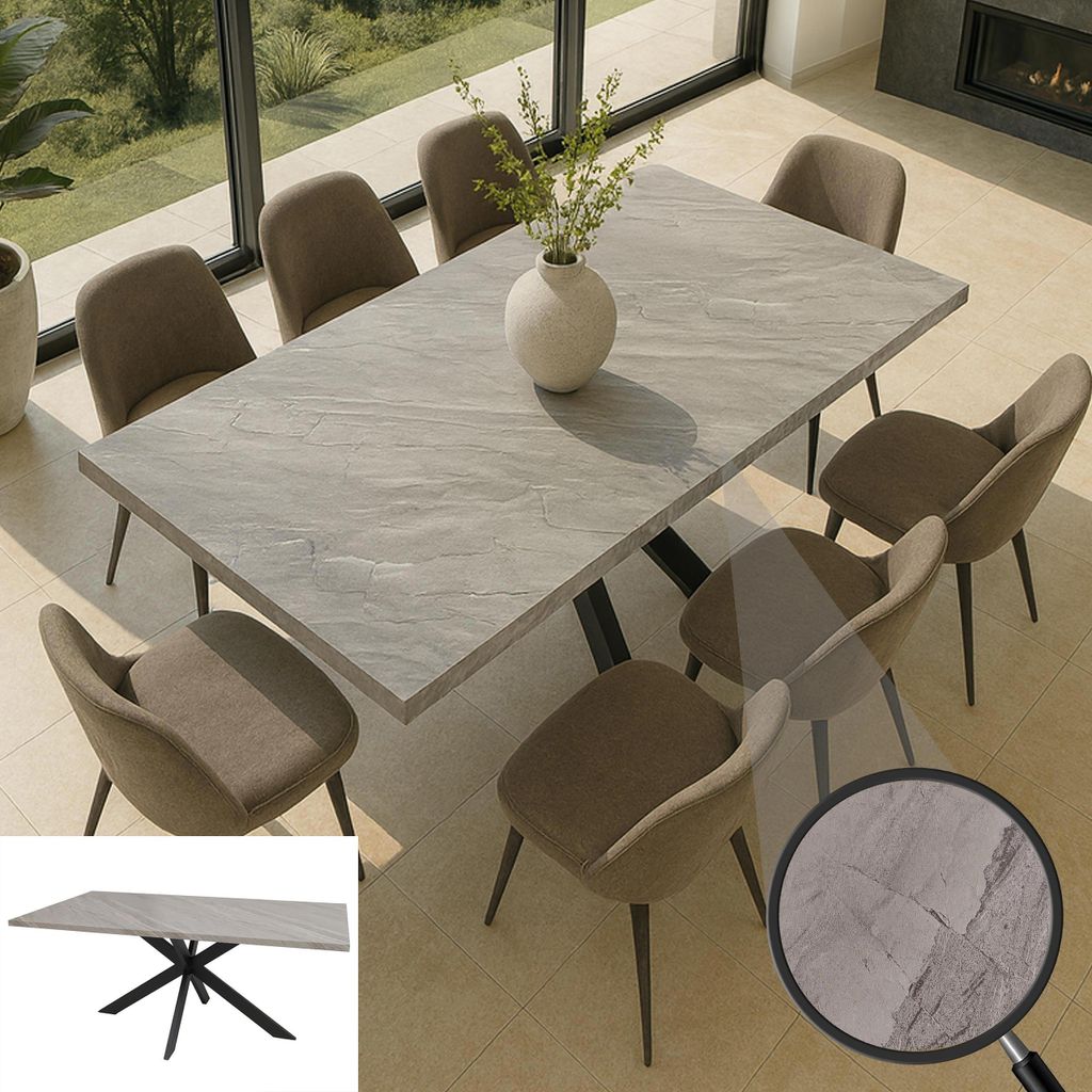 Esszimmertisch HWC-O55, Küchentisch Tisch Esstisch, Industrial MDF Metall 180cm Marmor-Optik grau