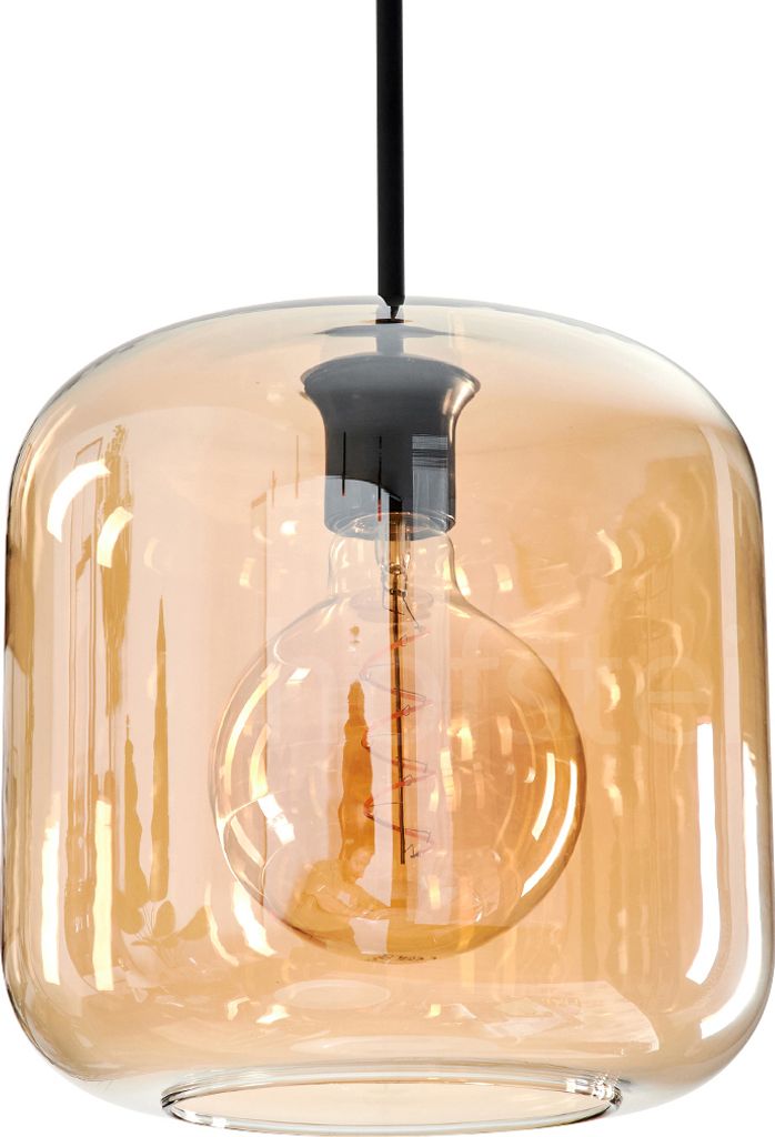 Pernate Hängelampe aus Metall/Glas in Schwarz/Bernsteinfarben