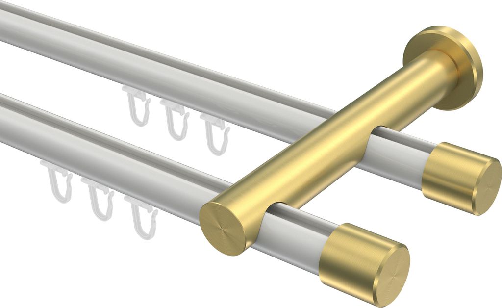 Interdeco Innenlaufstange / Gardinenstange mit Innenlauf Weiß / Messing-Optik, Typ Platon Santo (Kappe), 20 mm Ø 2-läufig, 240 cm
