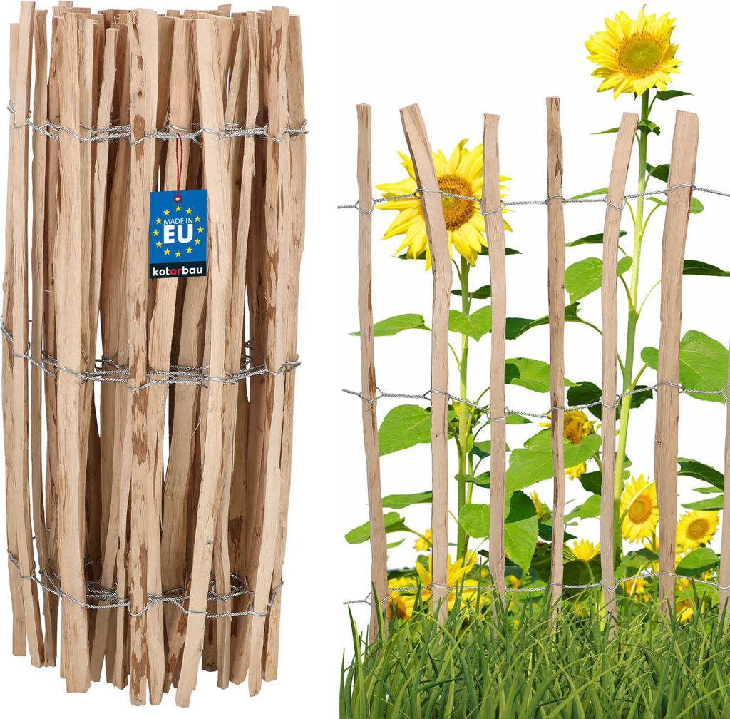 KOTARBAU Staketenzaun Rollzaun 5m aus Haselnusslatten für Pflanzen und Rasen 100 cm Kastanienzaun aus Haselnuss Holzzaun Gartenzaun Staketenabst...