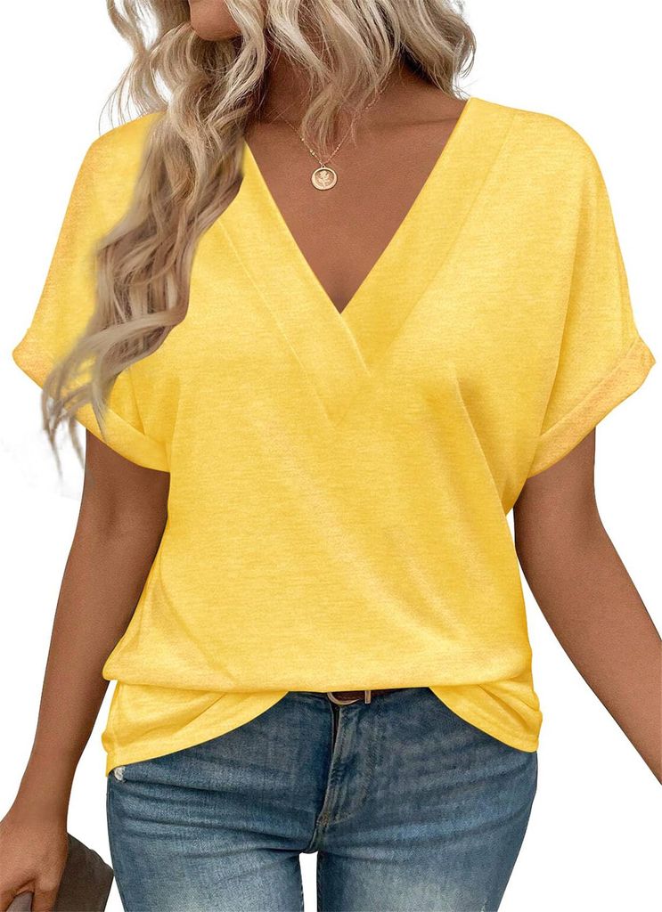 ASKSA Damen T-Shirt V-Ausschnitt Kurzarm Bluse Elegant Sommer Casual Einfarbig Shirts Basic Tunika Tops Locker Oberteile (Gelb,XXL)