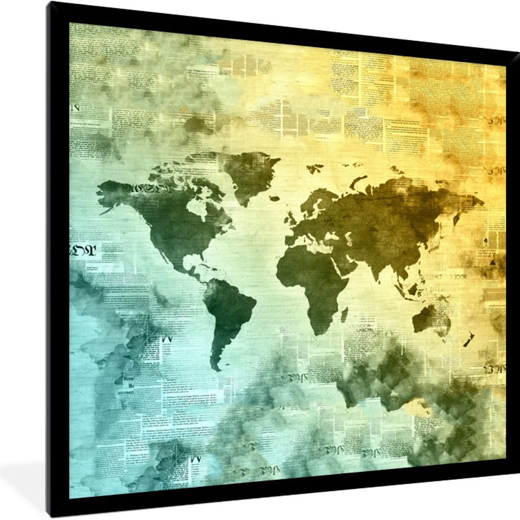 MuchoWow MuchoWow Gerahmtes Poster Weltkarte - Wasserfarben 40x40 cm - Poster mit zchwarzem Bilderrahmen - Mit Rahmen - Wanddekoration Schlafzi...