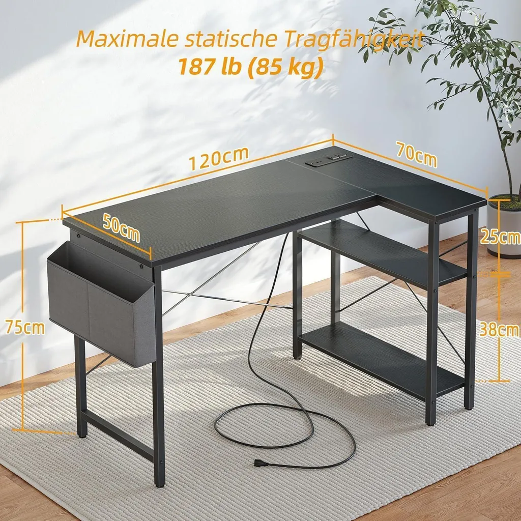 Bureau d'angle avec multiprise et rangements 120x70 cm - Design Moderne - 3