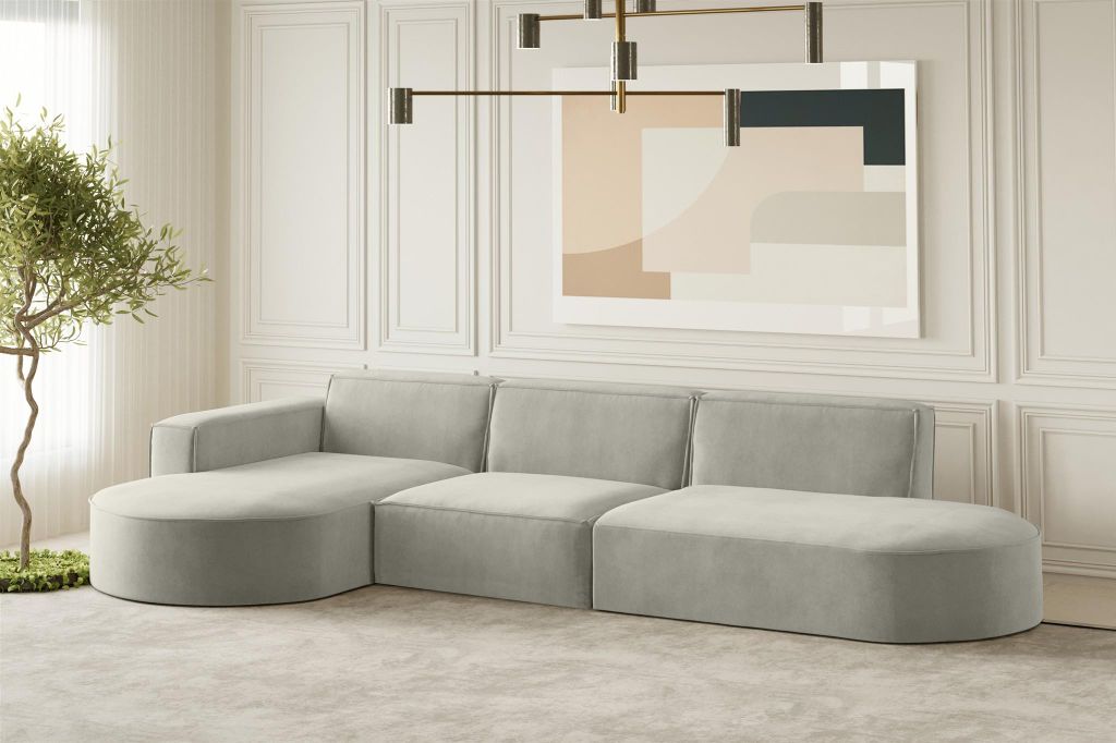 Ecksofa Designersofa PALMA in Stoff Noel Hellgrau Ottomane Links