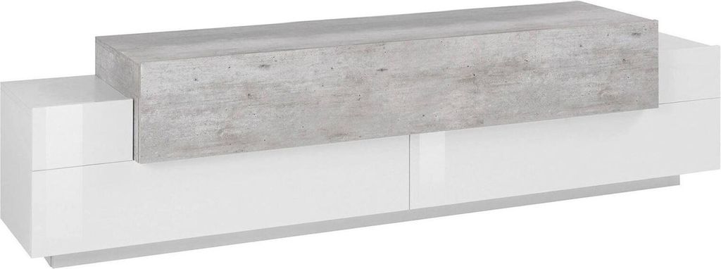 Fernsehschrank Dmirand, Niedriges Sideboard für Wohnzimmer, Sockel für TV-Möbel, 100 % Italy, cm 200x45h52, Weiß glänzend und Zement