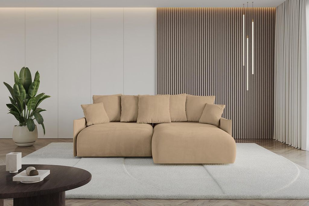 ALTDECOR Ecksofa mit Schlaffunktion und Bettkasten ONESK-L 216x177x72 cm Beige - Corner Sofa Eckcouch Couch L-Form angeordnet Schlafcouch Ausziehba...