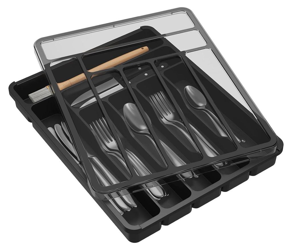 A black cutlery organizer with a transparent lid, filled with various utensils.