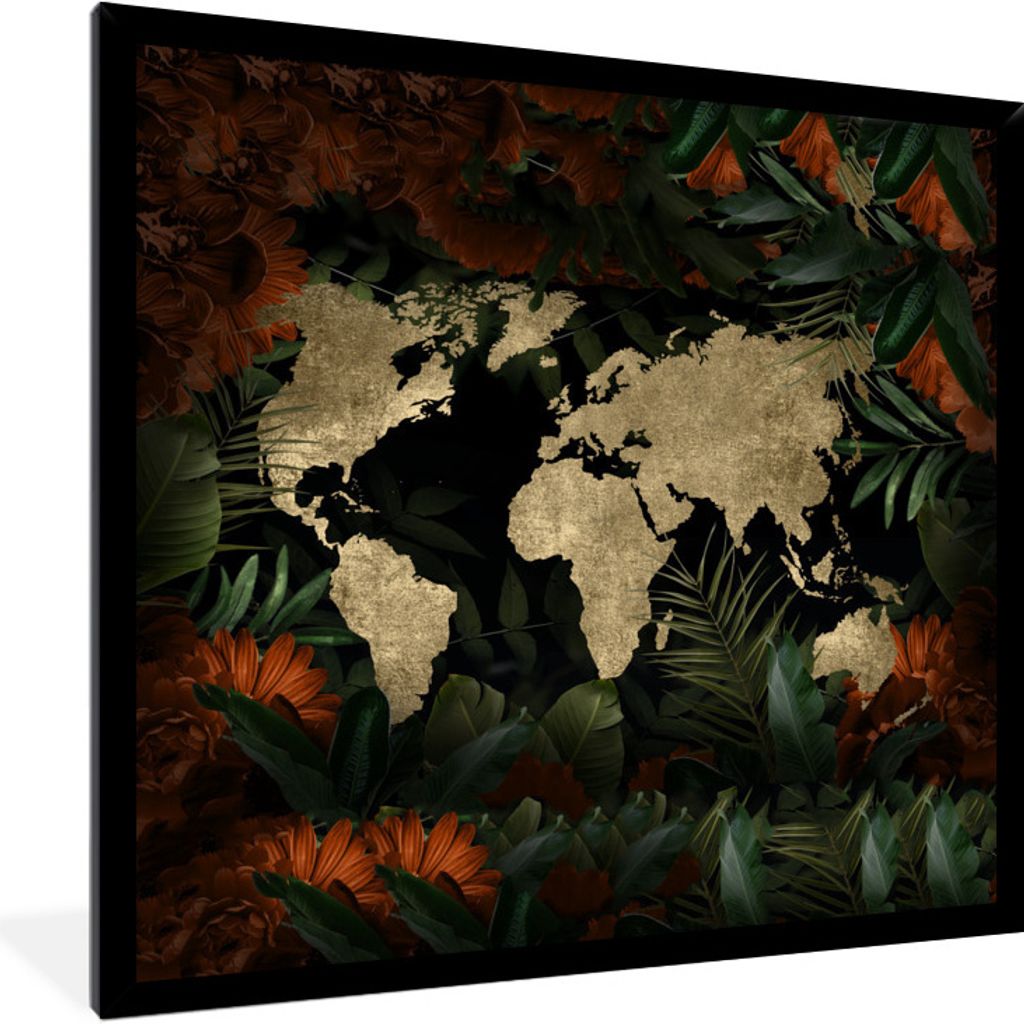 MuchoWow MuchoWow Gerahmtes Poster Weltkarte - Retro - Blumen 40x40 cm - Poster mit zchwarzem Bilderrahmen - Mit Rahmen - Wanddekoration Schlaf...