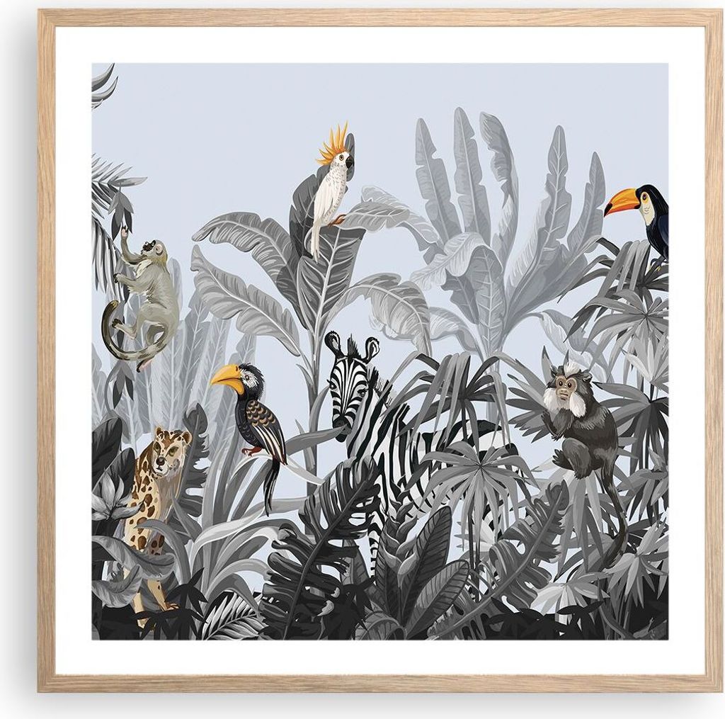 Gerahmtes Poster - Rahmen in heller Eiche - Dschungel Tiere Tukane - 60x60 cm - Wand Bild - Wanddeko - Wandbilder - Kunstposter - Wandposter - Bild...