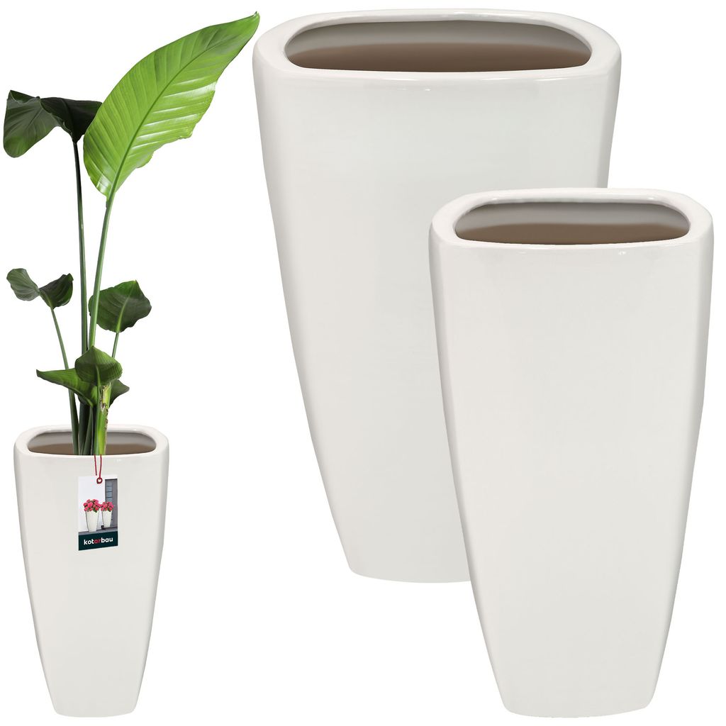 Two white ceramic planters of different sizes are shown. One planter contains a green plant.