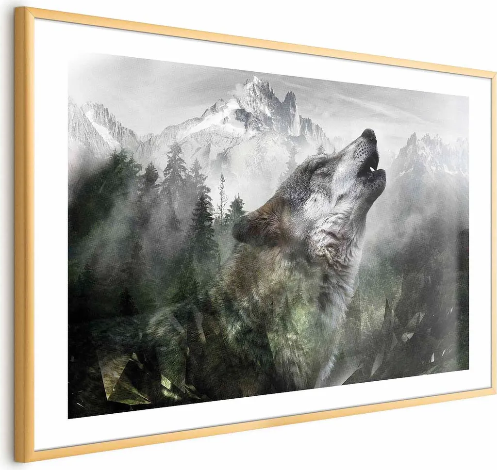 Poster del lupo urlante 60x40 cm con cornice dorata con margine - 1